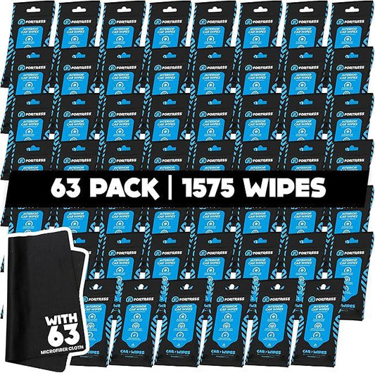 Fortress Car Interior Wipes with Microfiber Cloth (25 ct, Pack of 63) for Car Interior Cleaning, Dashboard, Seats, Detailing, and Steering Wheel [Travel Size] Skin-Safe Car Interior Cleaner Supplies - NeatNest
