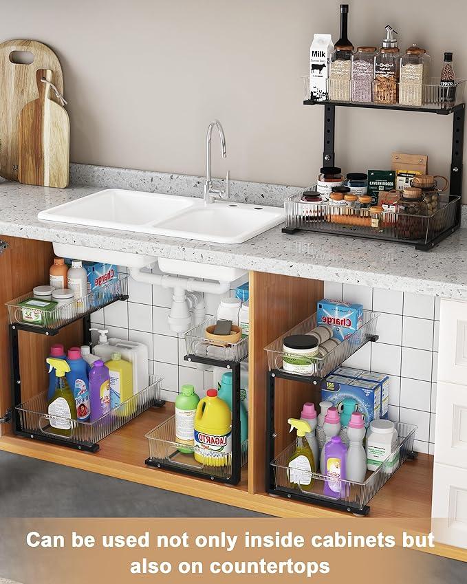 UMDONX Under Sink Organizer 2-Pack Adjustable Bathroom Under Sink Pull-Out Organizer with 5 Adjustable Heights for Kitchen, Bathroom & Laundry Storage - NeatNest