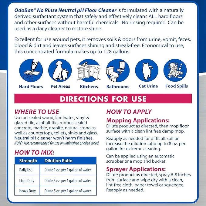 OdoBan Pet Solutions No Rinse Neutral pH Floor Cleaner Concentrate, Made in the USA, Splash O' Citrus Scent, 4 Gallons - NeatNest