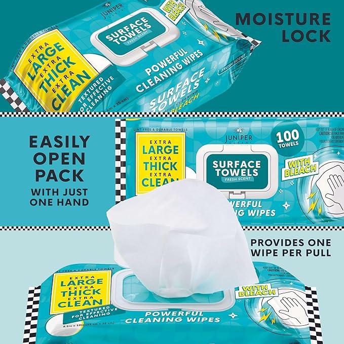6 Packs Surface Wipes with Bleach, Thick & Large Dispose, All-Purpose Cleaner for Bathroom, Kitchen, Office, 600 Count Soft Flow, Biodegradable, Fresh Scent - NeatNest