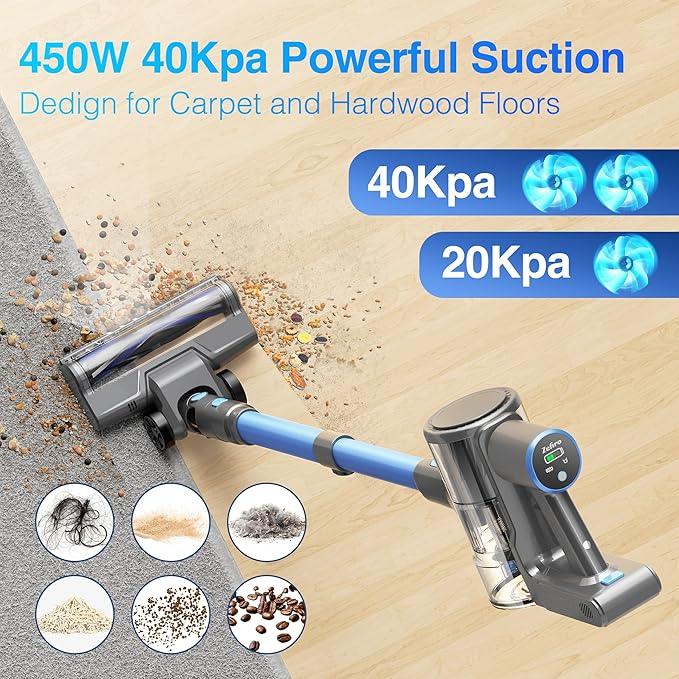 Zefiro Cordless Vacuum Cleaner for Home,450W /40Kpa 50Mins Stick Vacuum,Anti-Tangle 1.5L Dust Cup, Rechargeable Wireless Handheld Vacuum for Pet Hair/Carpet/Floor - NeatNest