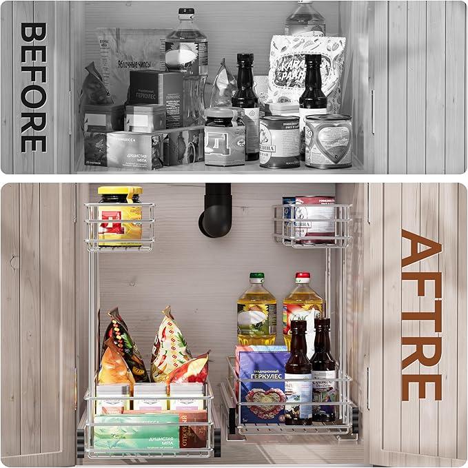 Under Sink Organizer 2 Packs, Pull Out Cabinet Organizer 2 Tier, Under Sink Slide Out Organizer Chrome Plated, Under Kitchen Bathroom Sink Organizer, Pantry Cabinet Closet Organization Rack, 9"W X19"D - NeatNest