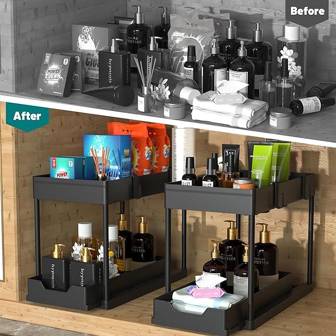 2 Pack Under Sink Organizer, 2 Tier Bathroom Cabinet Organizer with Sliding Basket, Multi-Purpose Under Sink Organizers and Storage for Bathroom Kitchen (Black 2 Pack) - NeatNest