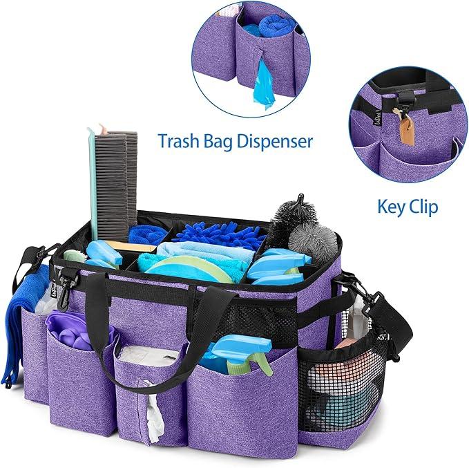 LoDrid Wearable Cleaning Caddy Bag with 4 Foldable Dividers, Cleaning Supply Tote for Cleaning Supplies, Cleaning Organizer with Shoulder Strap and Side Handles for Cleaners & Housekeepers, Purple - NeatNest