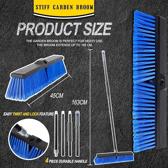 18 Inches Outdoor Push Broom Heavy Duty Shop Broom with 63" Long Handle for Deck Driveway Garage Yard Patio Concrete Floor Cleaning(Blue) - NeatNest