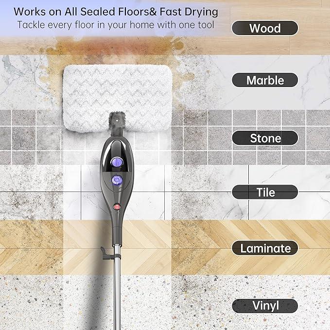 Steam Mop, 12-in-1 Detachable Handheld Steam Cleaner, 15s Fast Heat-Up Floor Steamer for Hardwood Floors, Tile, Carpet, Clothes, Windows & Furniture, Lightweight Design,Two-Sided Adjustable Mop Head - NeatNest