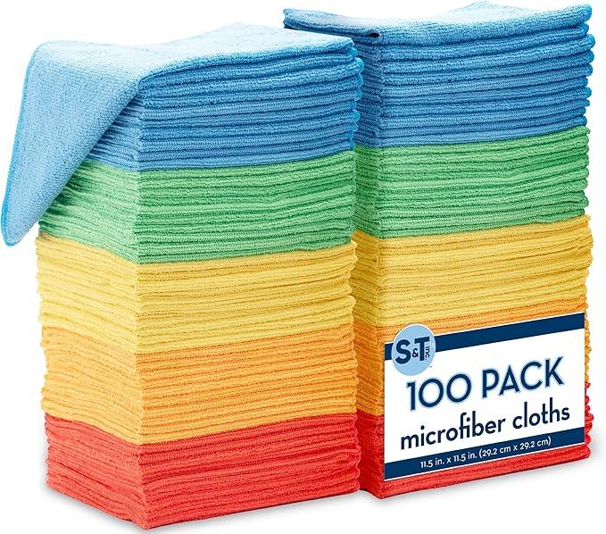 S&T INC. 100 Pack Microfiber Cleaning Cloth, Bulk Towels for Home, Reusable Microfiber Towels for Cars, Cleaning Rags, Assorted, 11.5 Inches x 11.5 Inches, 100 Count - NeatNest