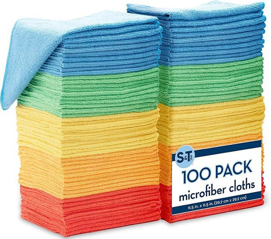 S&T INC. 100 Pack Microfiber Cleaning Cloth, Bulk Towels for Home, Reusable Microfiber Towels for Cars, Cleaning Rags, Assorted, 11.5 Inches x 11.5 Inches, 100 Count - NeatNest