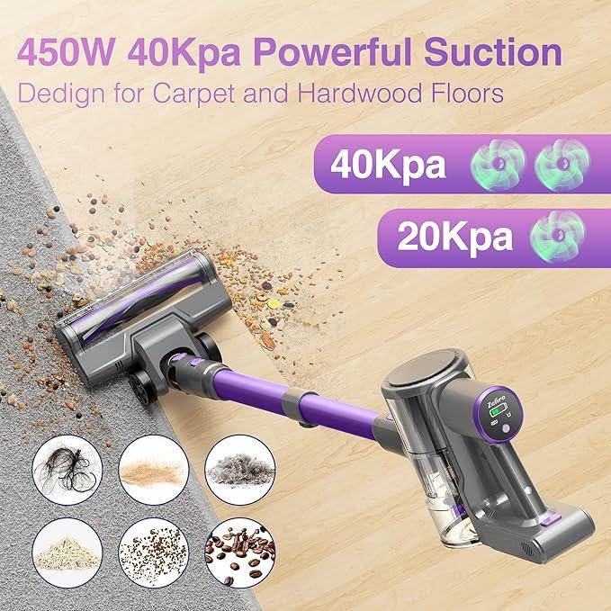 Zefiro Cordless Vacuum Cleaner for Home,450W /40Kpa 50Mins Stick Vacuum,Anti-Tangle 1.5L Dust Cup, Rechargeable Wireless Handheld Vacuum for Pet Hair/Carpet/Floor - NeatNest