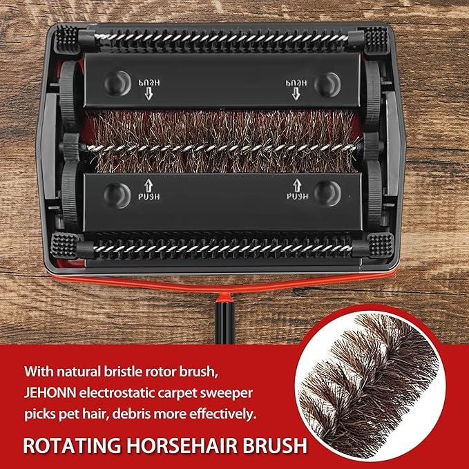 JEHONN Carpet Floor Sweeper Manual with Horsehair, Non Electric Quite Rug Roller Brush Push for Cleaning Pet Hair, Loose Debris, Lint (Red) - NeatNest