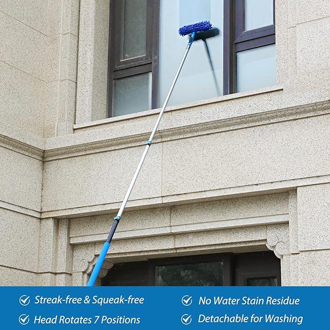 20 Feet High Reach Duster Kit with 5-12 Ft Extension Pole, Cobweb Duster with Telescoping Pole, Window Squeegee with Scrubber, Spider Web Brush, High Ceiling Fan Duster for High Window, Interior Roof - NeatNest