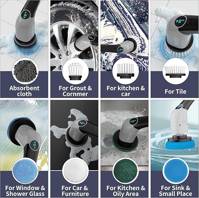 YKYI Electric Spin Scrubber,Cordless Electric Cleaning Brush,Power Scrubber with 8 Replaceable Brush Heads,3 Adjustable Speeds,Voice Broadcast,Shower Scrubber with Long Handle for Bathtub Tile Floor - NeatNest