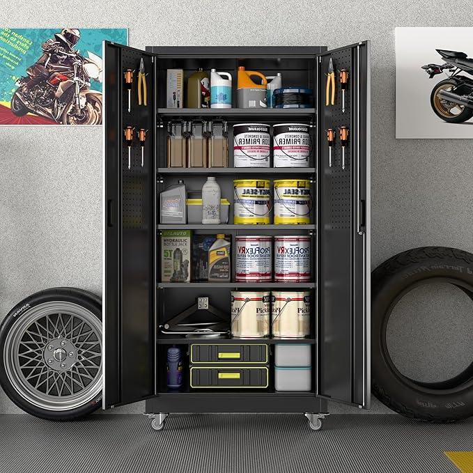 SUXXAN Metal Garage Storage Cabinet with Wheels and Pegboard, 71'' x 34'' x 18'' Lockable Rolling Steel Cabinet with 5 Adjustable Shelves and Door for Garage, Office, Kitchen, Assembly Required - NeatNest