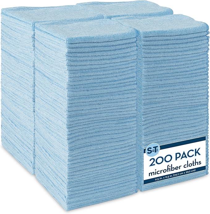 S&T INC. 200 Pack Microfiber Cleaning Cloth, Bulk Towels for Home, Reusable Microfiber Towels for Cars, Cleaning Rags, Light Blue, 11.5 Inches x 11.5 Inches, 200 Count - NeatNest