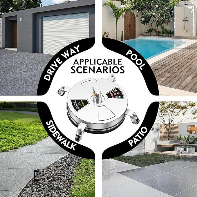 16" Pressure Washer Surface Cleaner Pro with 4 Wheels, Stainless Steel 2 Extension Wands, Power Washer Surface Cleaner Hot Water Supported for Patio Decker Concrete Driveway, 3000 PSI - NeatNest