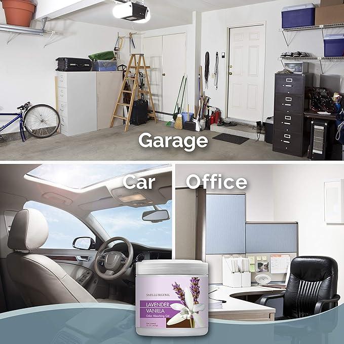 SMELLS BEGONE 15oz Gel Odor Eliminator - Absorb & Remove Tough Odors in Pet Areas, Bathrooms, Basements, Garage, Cars, RVs & Boats - Eliminate Odors with Essential Oils (Lavender Vanilla) - NeatNest