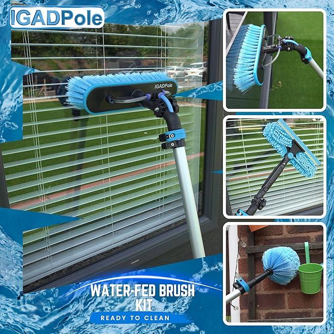 IGADPole 24 FT Water-Fed Washing Kit with Soap-Dispenser, Brush, 10″ Squeegee & Cobweb Duster for Windows, Gutters, Solar Panels & Exterior Walls - NeatNest