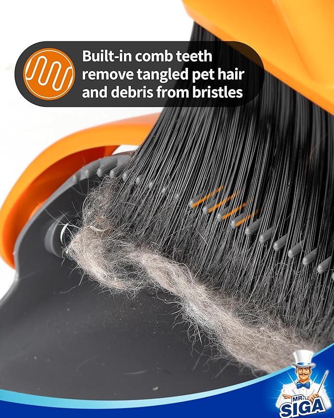 MR.SIGA Broom and Dustpan Set with Long Handle, Stand Upright Broom with Dustpan Combo for Cleaning Office, Garage, Lobby, Lightweight Sweeping Set, 51.7"(131 cm) Long Handle, Gray & Orange - NeatNest