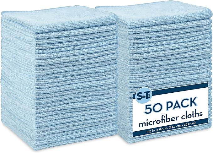 S&T INC. 50 Pack Microfiber Cleaning Cloth, Bulk Towels for Home, Reusable Microfiber Towels for Cars, Cleaning Rags, Light Blue, 11.5 Inches x 11.5 Inches, 50 Count - NeatNest