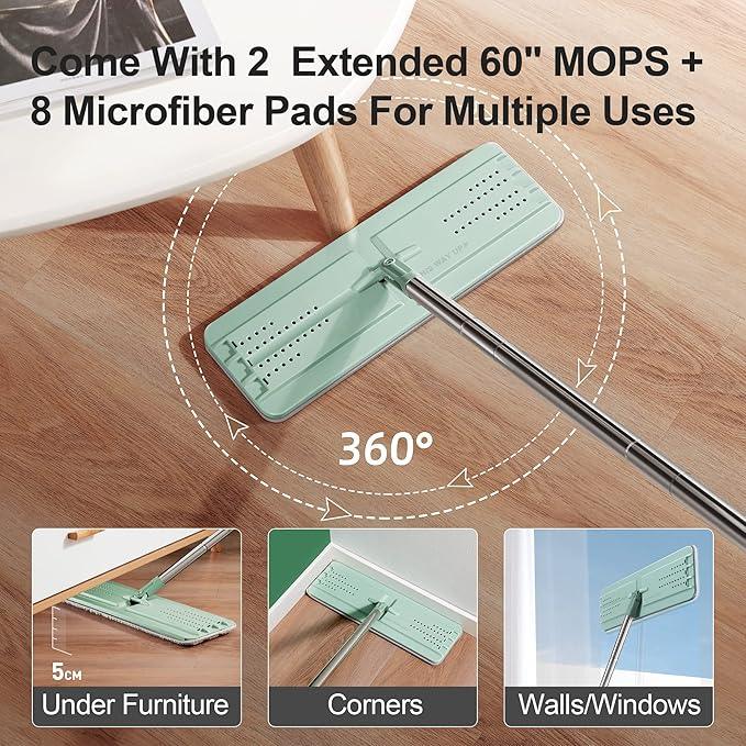 JOYMOOP Mop and Bucket with Wringer Set for Floor Cleaning and Wall Cleaner, Flat Mop and Bucket System Set with 2 Mops and 8 Large Microfiber Pads - Green - NeatNest
