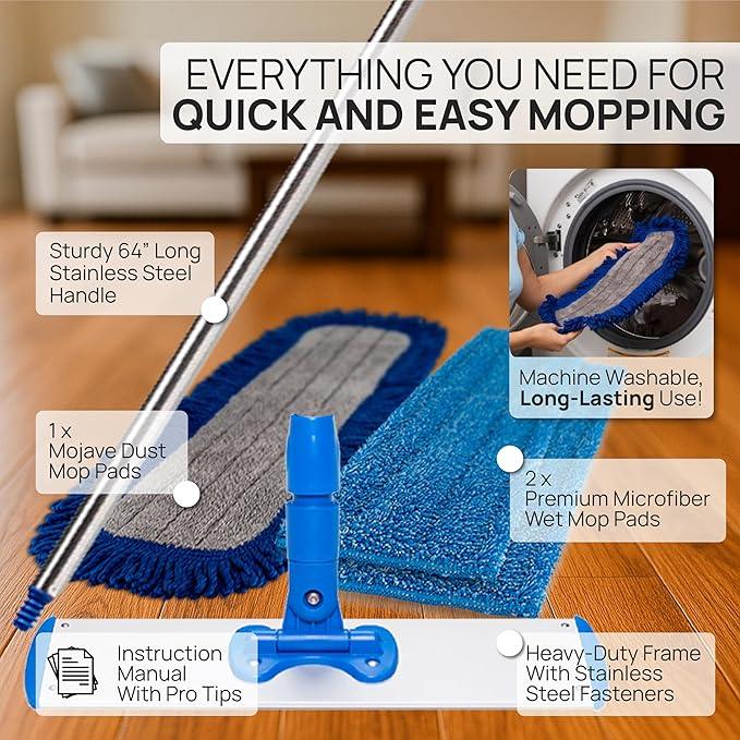 Microfiber Wholesale 24" Microfiber Mop System - Clean & Dust Hardwood, Laminate, & Tile Floors, Reusable Mop Heads, Adjustable Handle, Washable Micro Fiber Wet & Dry Pads, Industrial & Commercial - NeatNest