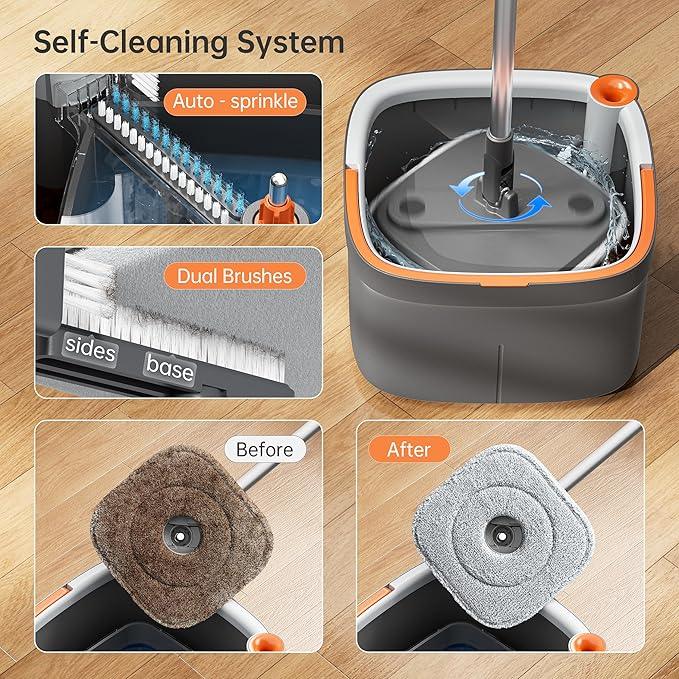 KZKR Spin Mop and Bucket Set with 2 Replaceable Microfiber Mop Pads with Self Separation Dirty and Clean Water System, Self Wringing 360° Rotating Square Mop Head for Hardwood Tile Marble Floors - NeatNest