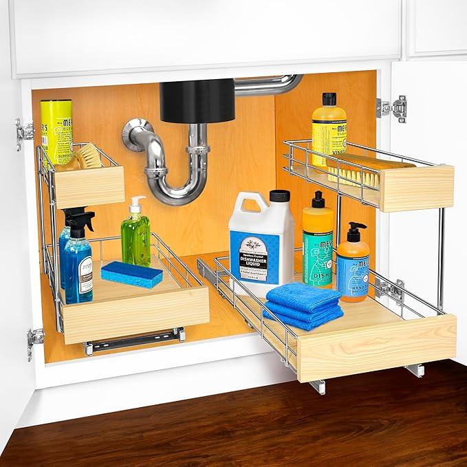 LYNK PROFESSIONAL® SELECT™ Pull Out Under Sink Kitchen Cabinet Organizer - 11.5 in. x 18 inch deep Drawer - Sliding Shelf Organizer and Undersink Storage Shelves - Lifetime Ltd. Warranty – Chrome - NeatNest