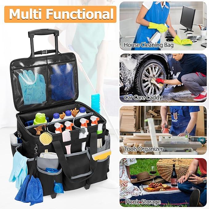 Large Rolling Cleaning Caddy with Detachable Trolley & Lid, Cleaning Cart on Wheels with Shoulder Strap & Handles, Cleaning Supplies Organizer with Multi Pockets for Cleaning Tools Storage - NeatNest