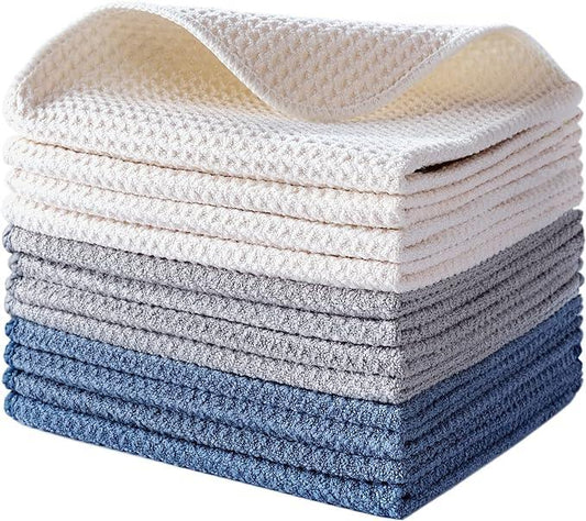 POLYTE Premium Microfiber Kitchen Dish Cloth Waffle Weave 12 Pack (12x12 in, Dark Blue, Gray, Off White) - NeatNest