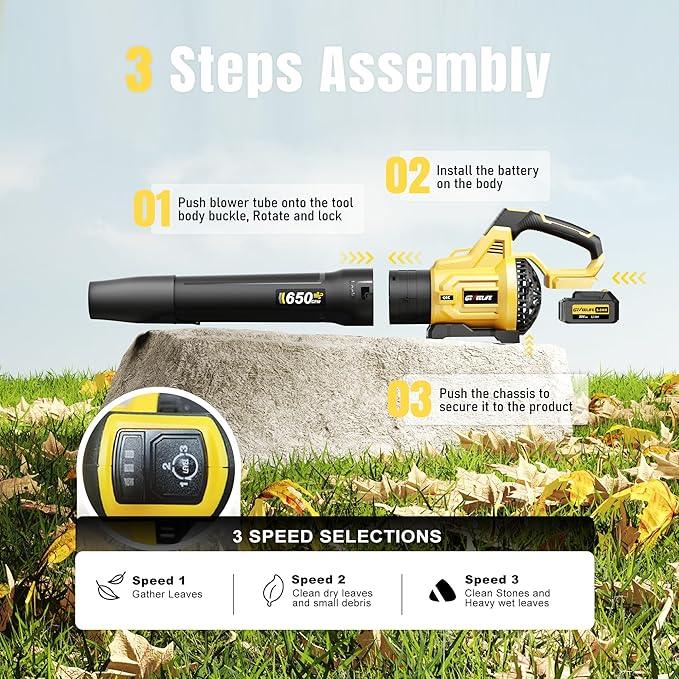 GEVEELIFE Leaf Blower Cordless, 650CFM & 3 Speed Levels, Electric Cordless Leaf Blower with 2 * 5.0Ah Battery Powered, Blowers for Lawn Care, Yard, Blowing Leaves, Dust, Snow - NeatNest