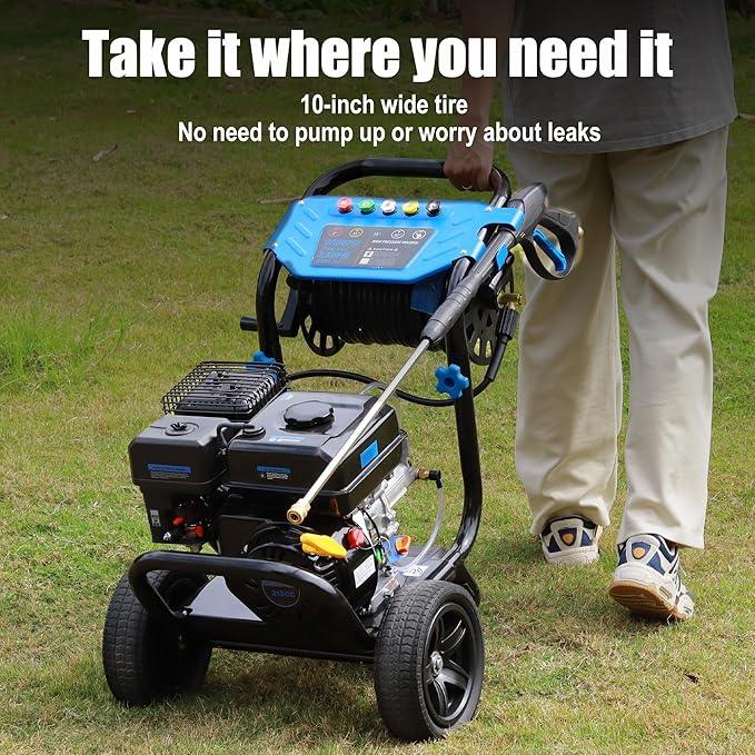 Gas Pressure Washer 3600 PSI, 2.3 GPM Heavy Duty High Power Washer,212CC Engine with 30FT Hose, Axial Aluminum Pump, Soap Tank, Spray Gun and Wand, 5 Quick Connect Nozzle (Blue) - NeatNest