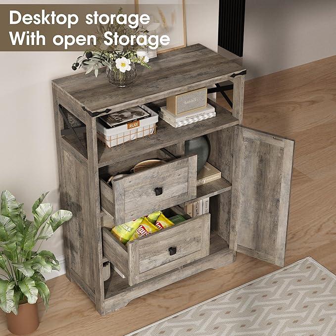 Fameill Farmhouse Storage Cabinet with 2 Drawers & Shelves,Freestanding Kitchen Cabinet with Doors,Floor Storage Organization for Living Room,Bathroom,Laundry,Grey - NeatNest