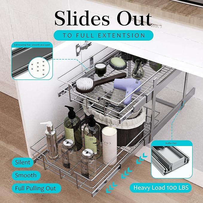 2 Tier Pull Out Cabinet Organizer 11" W X 17" D, Slide Out Drawers for Kitchen Cabinets, Pull Out Drawers for Cabinets Capacity Heavy Duty Caddy, Cabinet Pullout Shelves Chrome-Plated,Bathroom Pantry - NeatNest