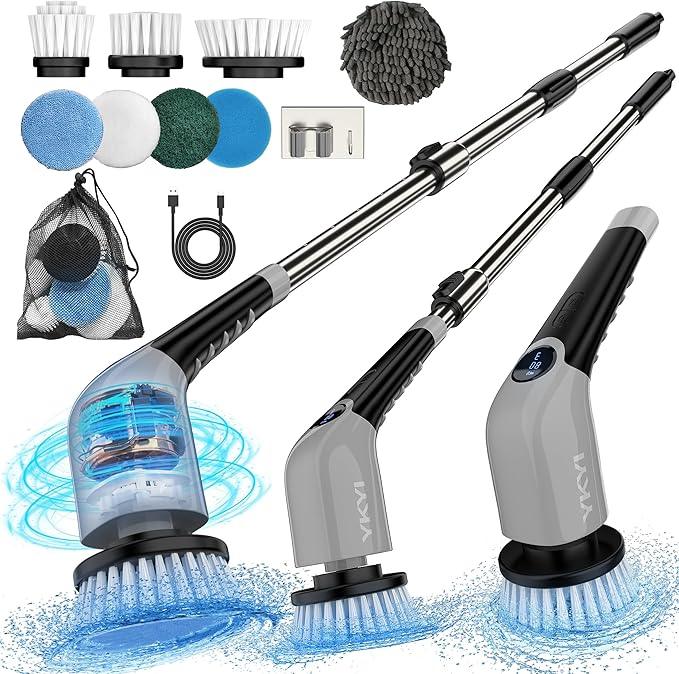YKYI Electric Spin Scrubber,Cordless Electric Cleaning Brush,Power Scrubber with 8 Replaceable Brush Heads,3 Adjustable Speeds,Voice Broadcast,Shower Scrubber with Long Handle for Bathtub Tile Floor - NeatNest