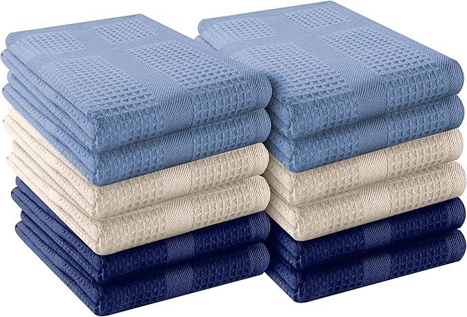 12 Pack Multi Color Waffle Weave Kitchen Towels, 16x26 Inch, 100% Cotton, Super Absorbent, Quick Dry, Hand Towels for Drying Dishes, Cleaning, Durable - Sky Blue, Ivory, Indigo Blue - NeatNest