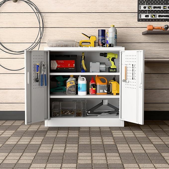 SUXXAN Metal Storage Cabinet with Pegboard 31.5'' x 31.5'' x 16.5'',Lockable Rolling Steel Storage Cabinet with 5 Adjustable Shelves and Door for Garage, Office, Kitchen, Assembly Required(White) - NeatNest