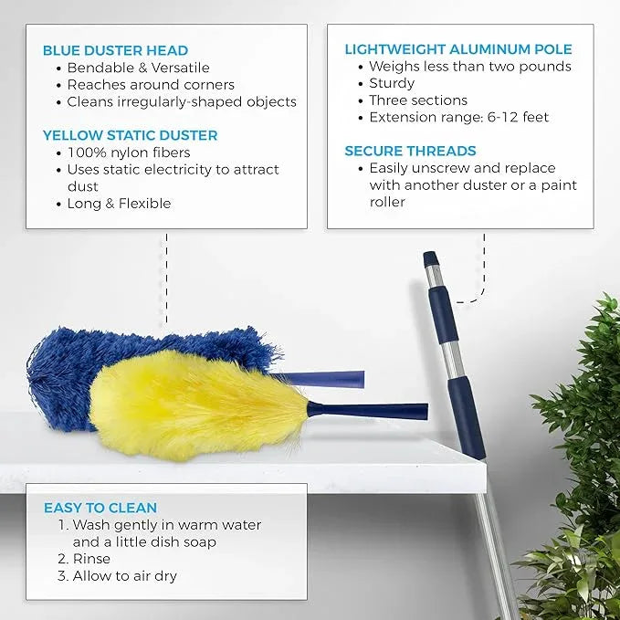 Feather Microfiber Plus Nylon Static Cobweb Duster | Reach Up To 20 Feet | Extendable 3 Tier Ceiling Fan Webster Duster Kit | Aluminum Extension Pole With Threaded Tip | U.S. Duster Co - NeatNest