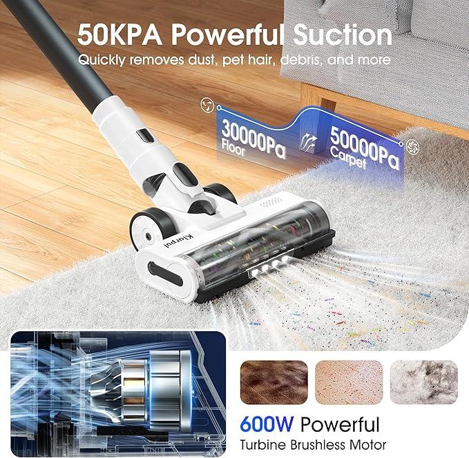 Cordless Vacuum Cleaner, 600W 50KPA 70Mins Runtime Fast Charging Vacuum Cleaner, Self-Standing LED Light Touch Screen Stick Vacuum for Home Light Weight,for Pet Hair/Carpet/Floor, White - NeatNest