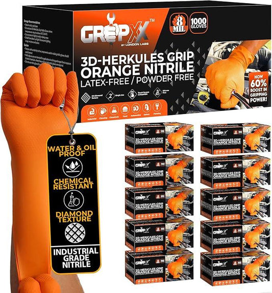 Herkules Grip Heavy Duty 8Mil Orange Nitrile Gloves,3D Raised Diamond Texture-Latex & Powder Free-Industrial, Mechanic (10, Large) - NeatNest