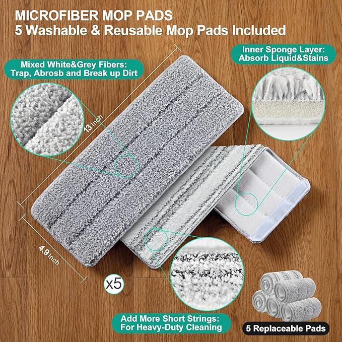 JOYMOOP Mop and Bucket with Wringer Set, White Flat Squeeze Mop Bucket Set for Floor Cleaning, Wet Dry Mops for Walls, Wall Cleaner with Long Handle, Hardwood Floor Mop-5 Microfiber Cloths - NeatNest