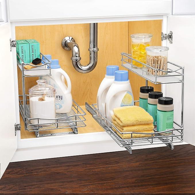 LYNK PROFESSIONAL® Pull Out Under Sink Kitchen Cabinet Organizer - 11.5 in. x 18 inch deep Drawer - Sliding Shelf Organizer for Cabinets and Undersink Storage Shelves - Lifetime Ltd. Warranty – Chrome - NeatNest
