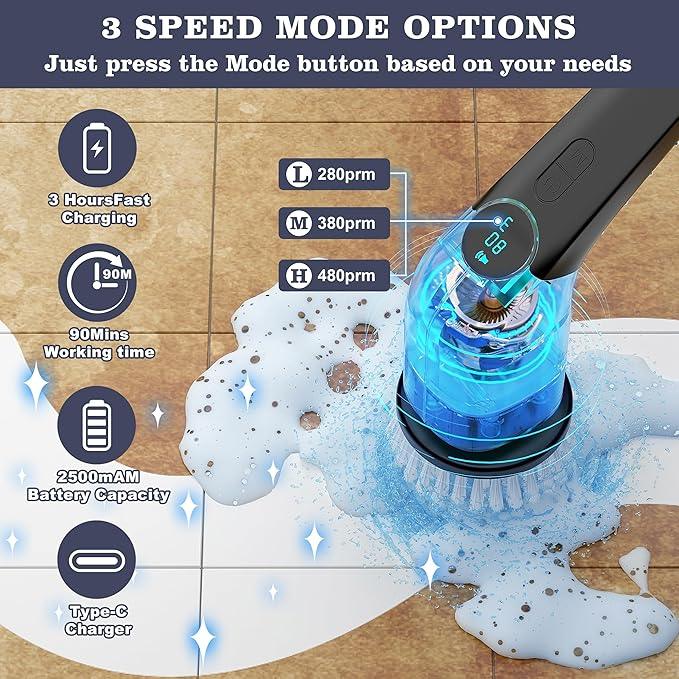 YKYI Electric Spin Scrubber,Cordless Electric Cleaning Brush,Power Scrubber with 8 Replaceable Brush Heads,3 Adjustable Speeds,Voice Broadcast,Shower Scrubber with Long Handle for Bathtub Tile Floor - NeatNest