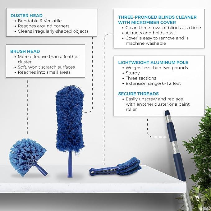 Extension Rod & Blue Extension Cobweb Duster Ultimate Dusting Kit - Extendable Reach 20 feet, Ceiling Fan Duster, Long Handle Aluminum Telescoping Pole, Webster Duster for Cleaning - NeatNest