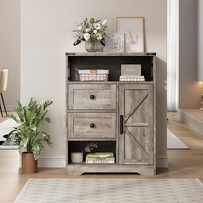 Fameill Farmhouse Storage Cabinet with 2 Drawers & Shelves,Freestanding Kitchen Cabinet with Doors,Floor Storage Organization for Living Room,Bathroom,Laundry,Grey - NeatNest