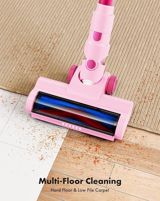Trucozie Cordless Vacuum Cleaner, 8-in-1 Lightweight Stick Vacuum with 45mins Runtime, Powerful Suction, Rechargeable Cordless Vacuum for Carpet, Tile, Pet Hair, Hardwood Floors, Pink - NeatNest