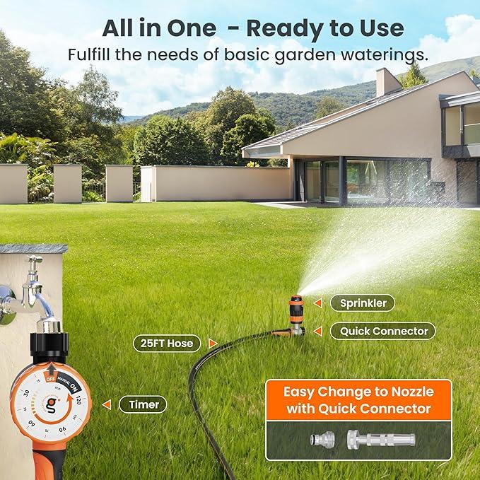 Giraffe Tools Garden Hose 25ft x 5/8", Water Hose Heavy Duty, Flexible with Water Timer Nozzle and Yard Sprinkler, Lightweight Hybrid Hose with Swivel Handle, Male to Female Fittings, Burst 600 PSI - NeatNest