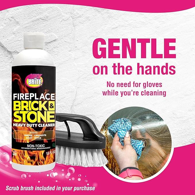 Quick N Brite Fireplace Gel Cleaner with Scrub Brush for Brick, Stone, Rock, Tile, and Marble, Nonabrasive Fireplace Cleaner, Made in the USA, 16 oz - NeatNest
