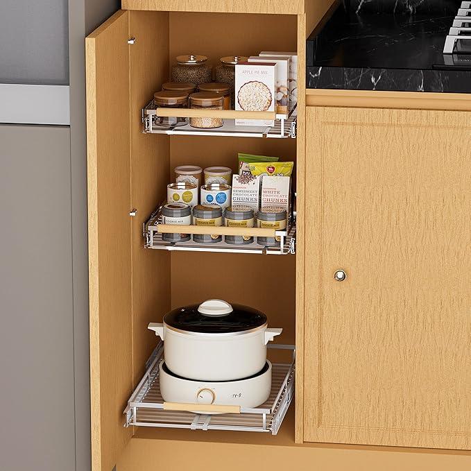 SANNO Pull Out Cabinet Organizer, Pantry Drawer Slide Out Basket Expandable Sliding Shelf Under Sink Shelf, Steel Metal cabinet drawers slide out, Chrome Finish, 23.1 to 39.9" W - NeatNest