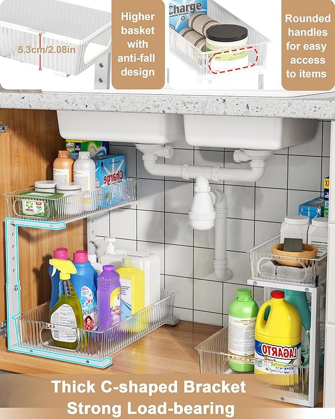 UMDONX Under Sink Organizer 2-Pack Adjustable Bathroom Under Sink Pull-Out Organizer with 5 Adjustable Heights for Kitchen, Bathroom & Laundry Storage - NeatNest