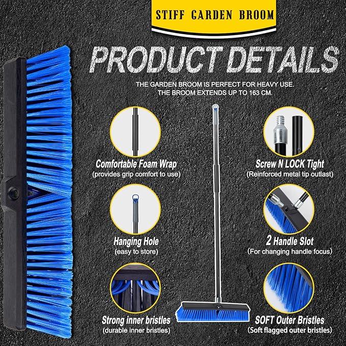 18 Inches Outdoor Push Broom Heavy Duty Shop Broom with 63" Long Handle for Deck Driveway Garage Yard Patio Concrete Floor Cleaning(Blue) - NeatNest